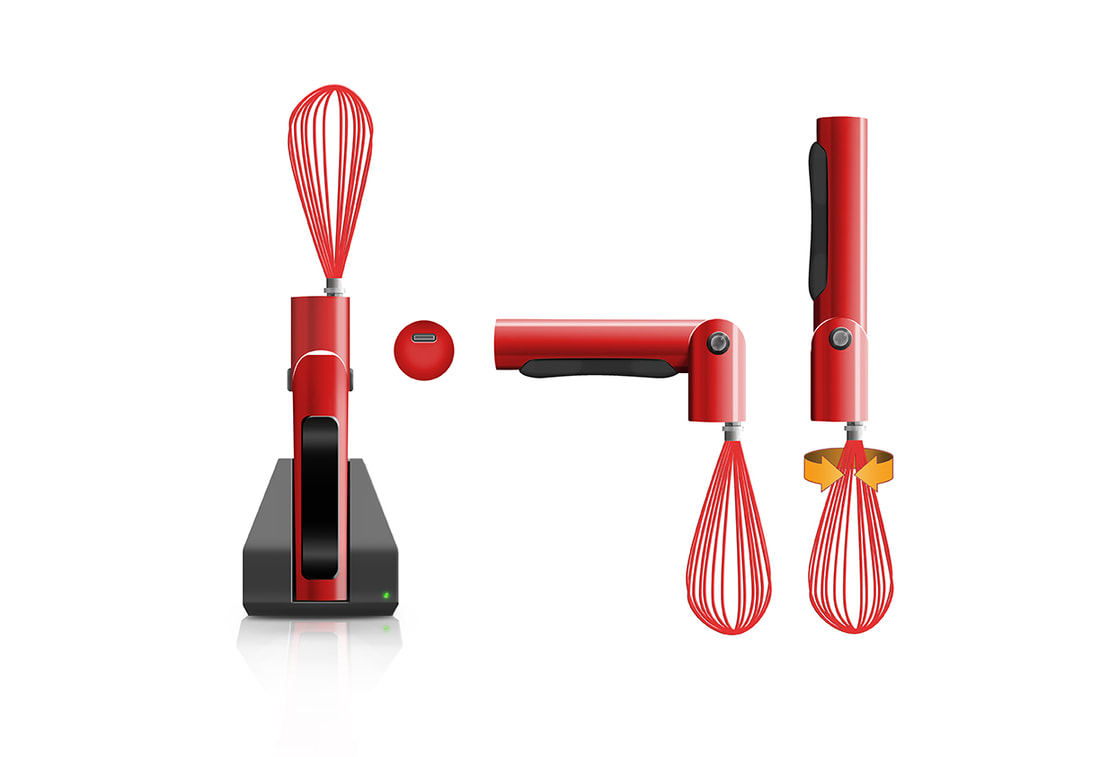 A digital illustration of the ergonomic whisk in 3 positions. Docked on a charging base, folded, and vertically extended.